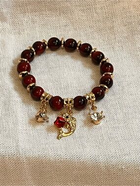 Gold Charm Bracelet with Deep Red Beads - Women Jewelry